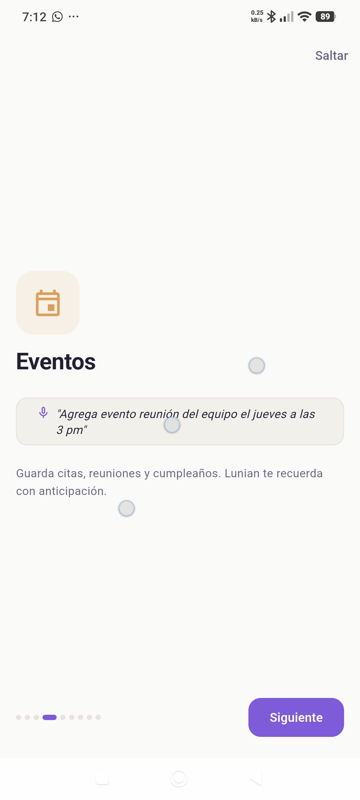Pantalla de Eventos en Lunian Assistant