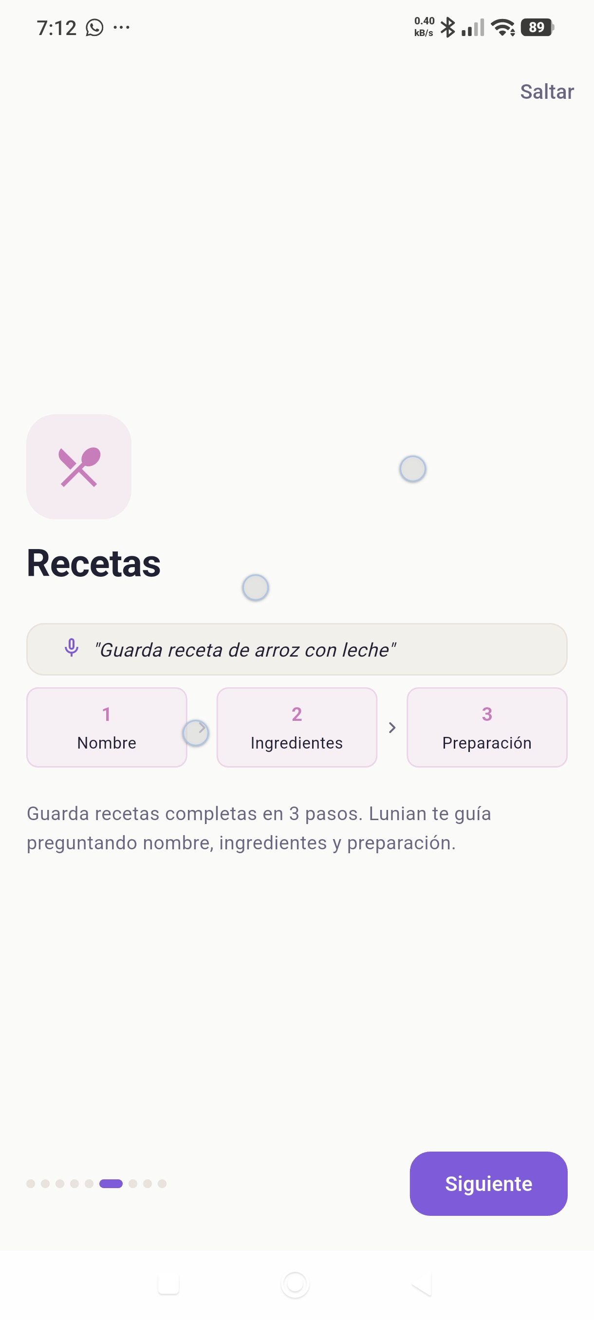Pantalla de Recetas en Lunian Assistant