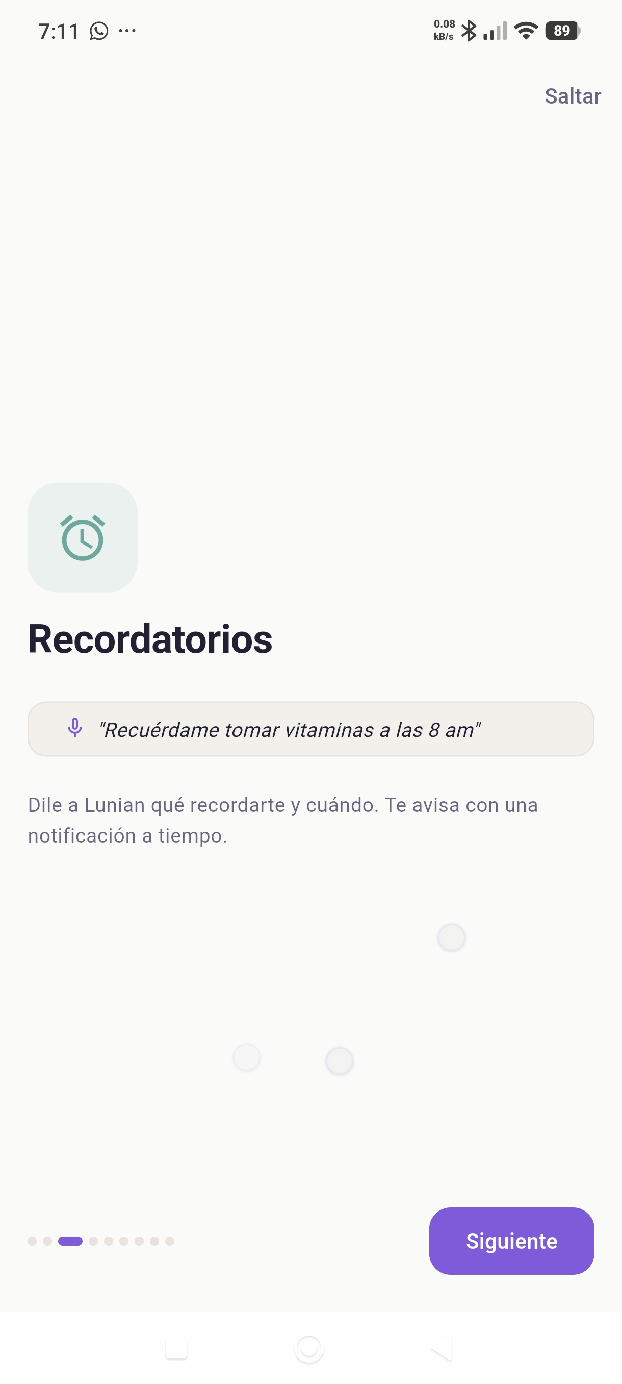 Pantalla de Recordatorios en Lunian Assistant